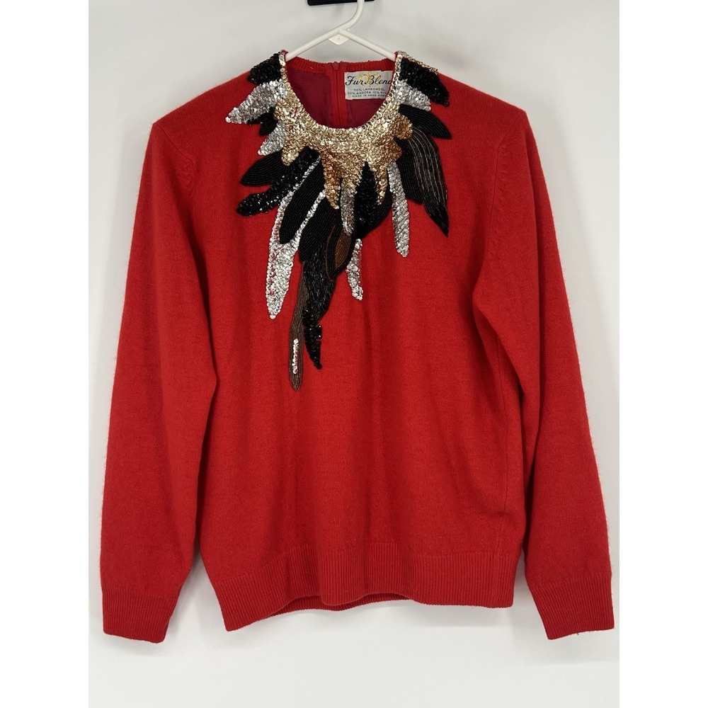 Vintage Women L / XL Angora & Lambswool Sequins Red Sweater  *Check Measurements